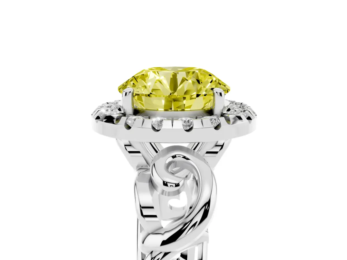 Fancy Yellow Round Cut Cut Halo Diamond Ring with Scrollwork Band and Four-Prong Setting Silver