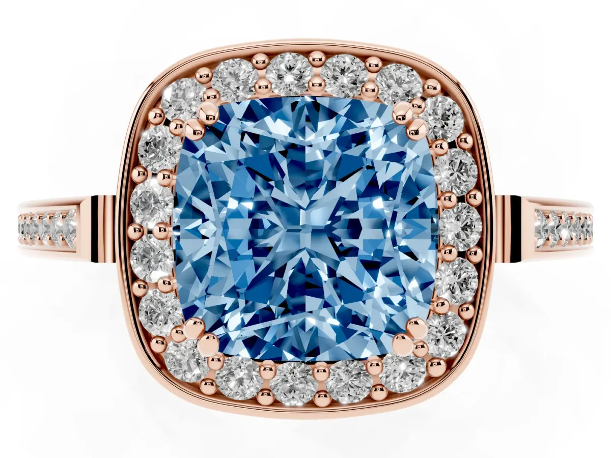 Fancy Blue Cushion Cut Diamond Halo Ring with Split Shank and Four-Prong Setting Rose gold