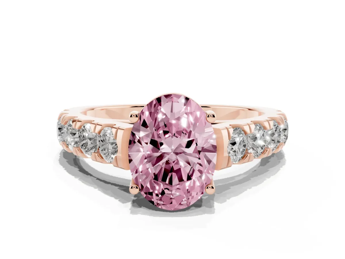 Fancy Pink Oval Cut Cut Diamond Solitaire Ring with Micro Pave Band and Prong Setting Rose gold