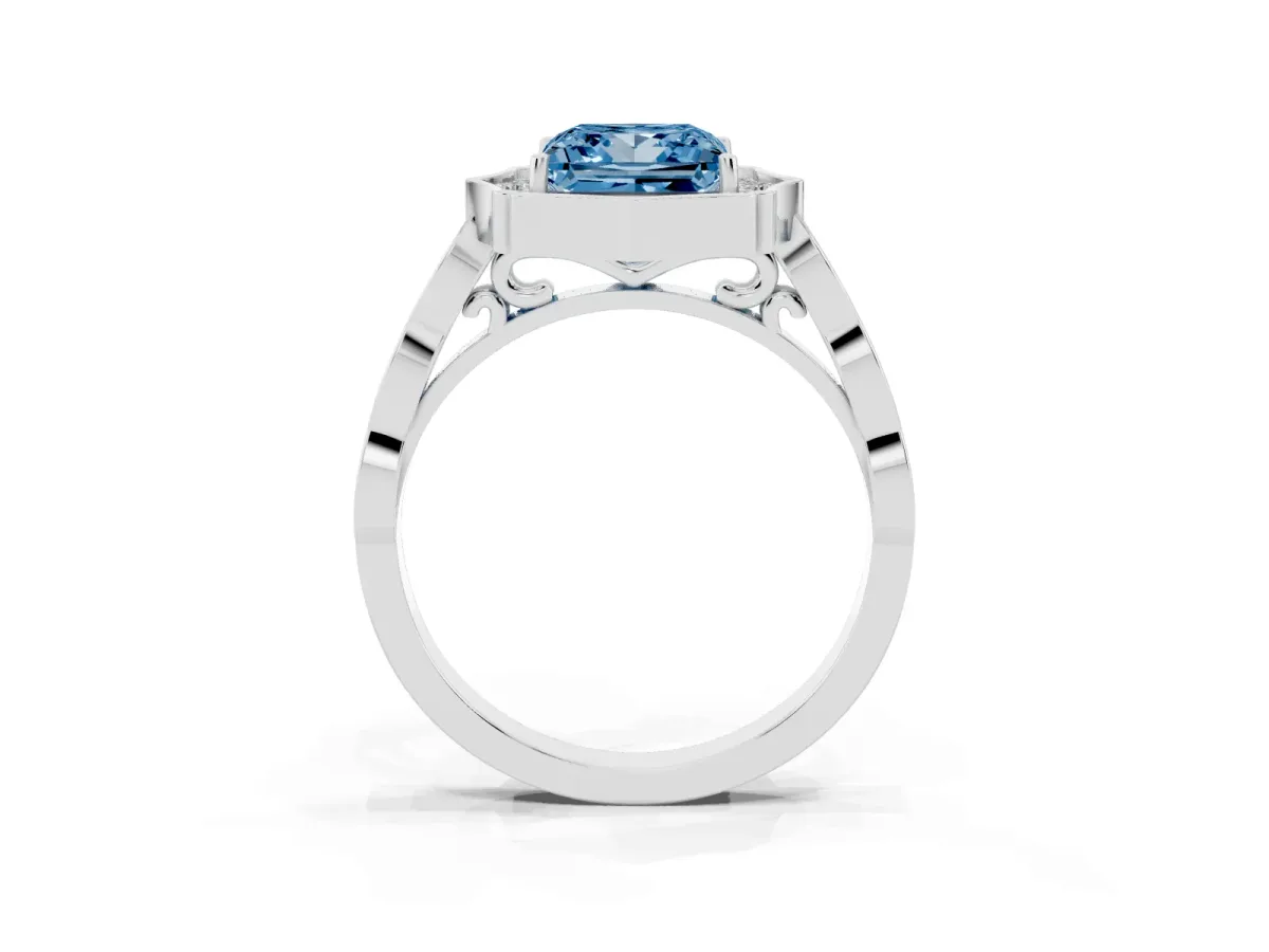 Fancy Blue Princess Cut Halo Diamond Engagement Ring with Milgrain Band and Four-Prong Setting Silver