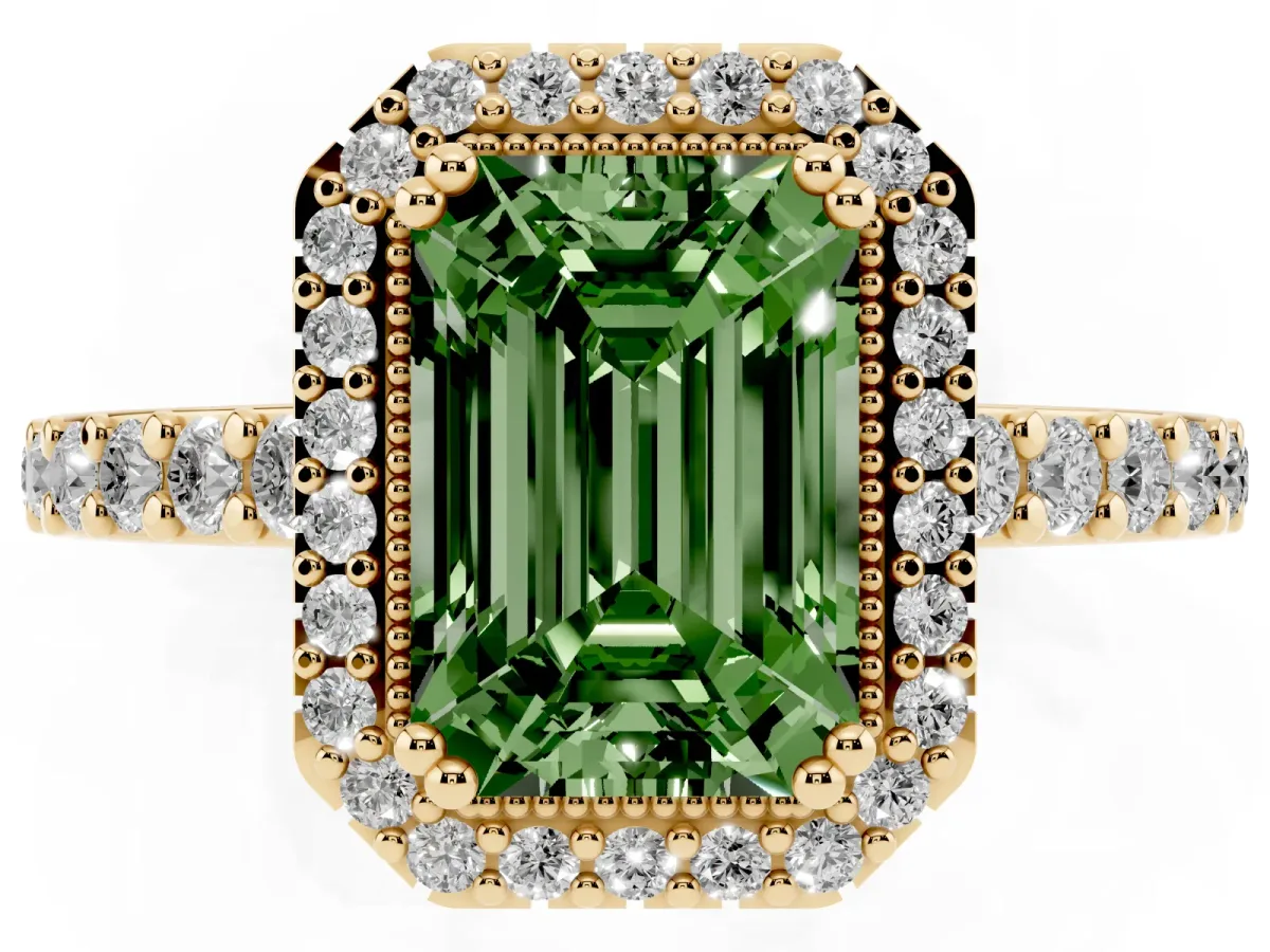 Fancy Green Emerald Cut Cut Diamond Halo Engagement Ring with Milgrain Detail and Pavé Band Yellow gold