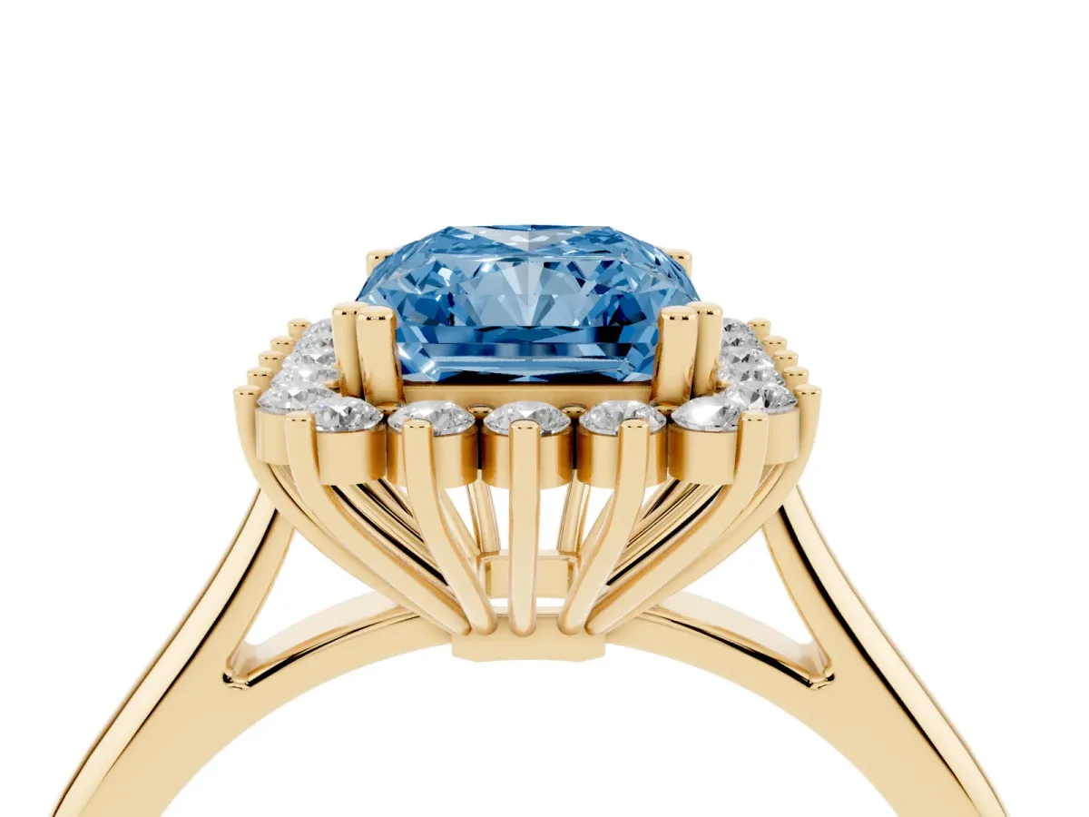 Fancy Blue Radiant Cut Cut Diamond Halo Ring with Solitaire Band and Prong Setting Yellow gold