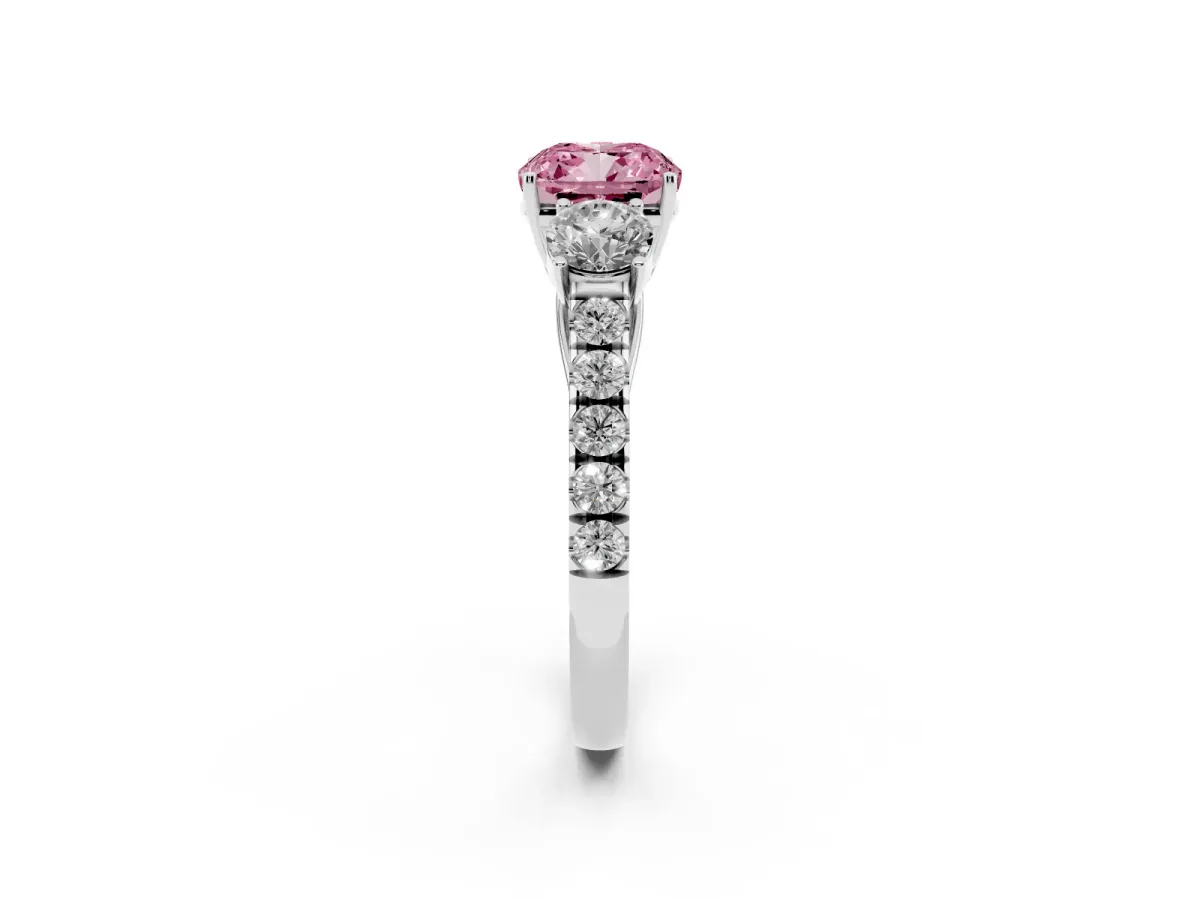 Fancy Pink Cushion Cut Cut Diamond Three-Stone Ring with Round Side Stones and Pavé Band Platinum