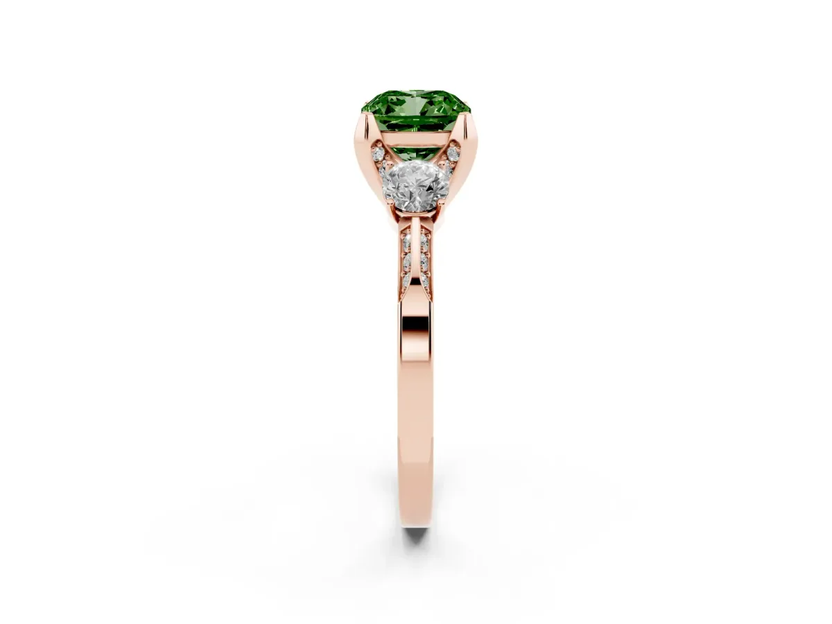 Fancy Green Cushion Cut Brilliant Three-Stone Diamond Ring with Pavé Band and Four-Prong Setting Rose gold