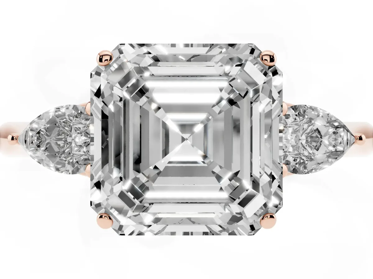 Asscher Cut Diamond Three-Stone Ring with Pear Side Stones and Prong Setting Rose gold