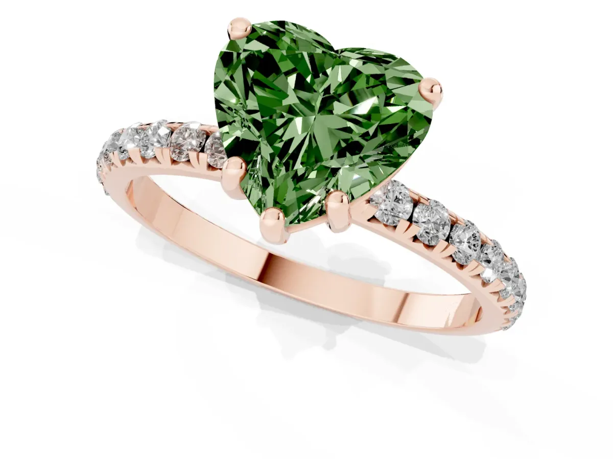 Fancy Green Heart Cut Cut Diamond Solitaire Ring with Micro Pave Band and Four Prong Setting Rose gold