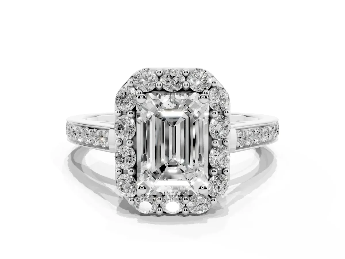 Emerald Cut Diamond Floral Halo Ring with Pavé Band and Prong Setting Platinum