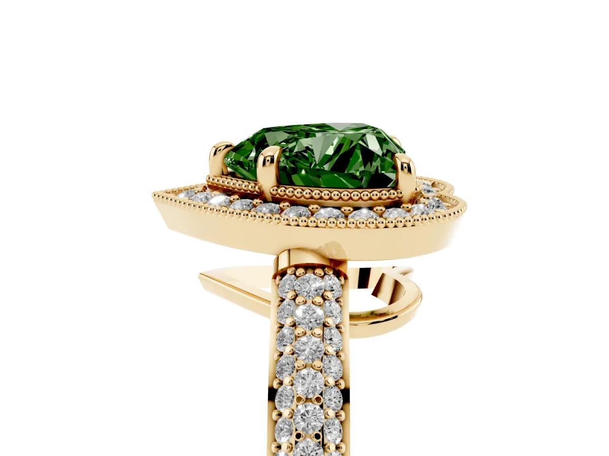 Fancy Green Heart Cut Cut Halo Diamond Pave Band with Four-Prong Setting Yellow gold