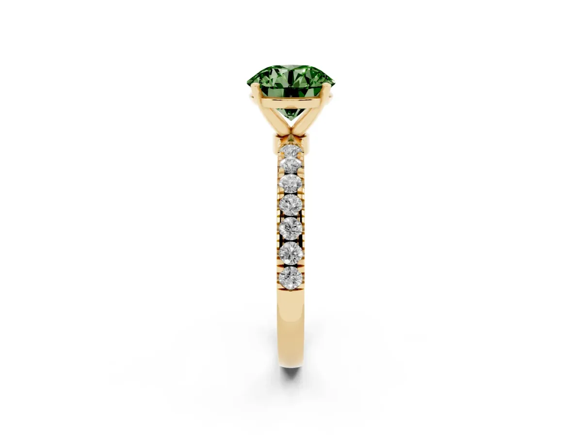 Fancy Green Round Cut Diamond Solitaire Ring with Pavé Accents and Four-Prong Setting Yellow gold