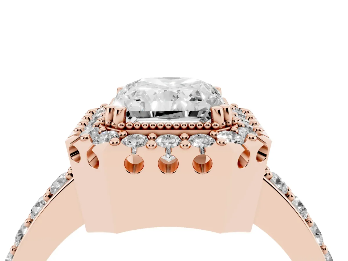 Radiant Cut Diamond Halo Ring with Pavé Band and Prong Setting Rose gold