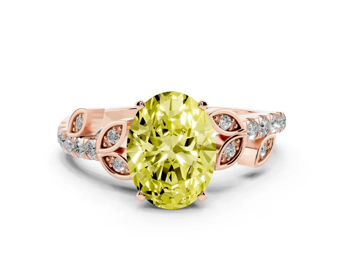 Fancy Yellow Oval Cut Solitaire Leaf-Inspired Diamond Ring with Pavé Band and Four-Prong Setting Rose gold