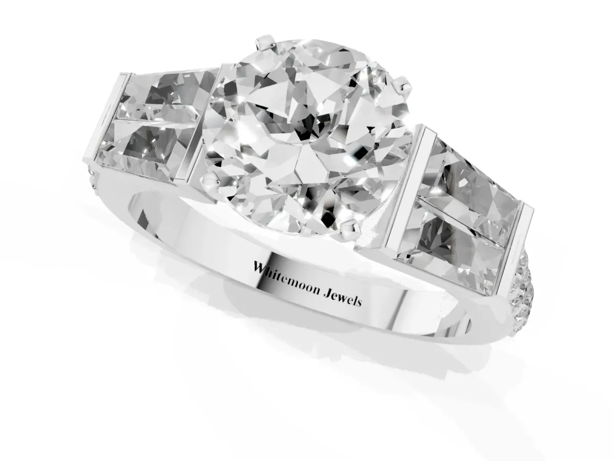 Round Cut Diamond Engagement Ring with Baguette Side Stones and Channel Set Band Silver