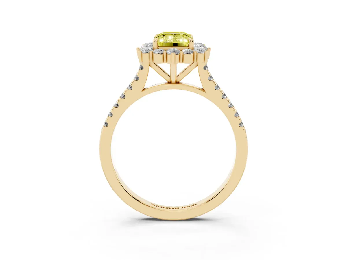 Fancy Yellow Emerald Cut Halo Diamond Ring with Pavé Band and Prong Setting Yellow gold