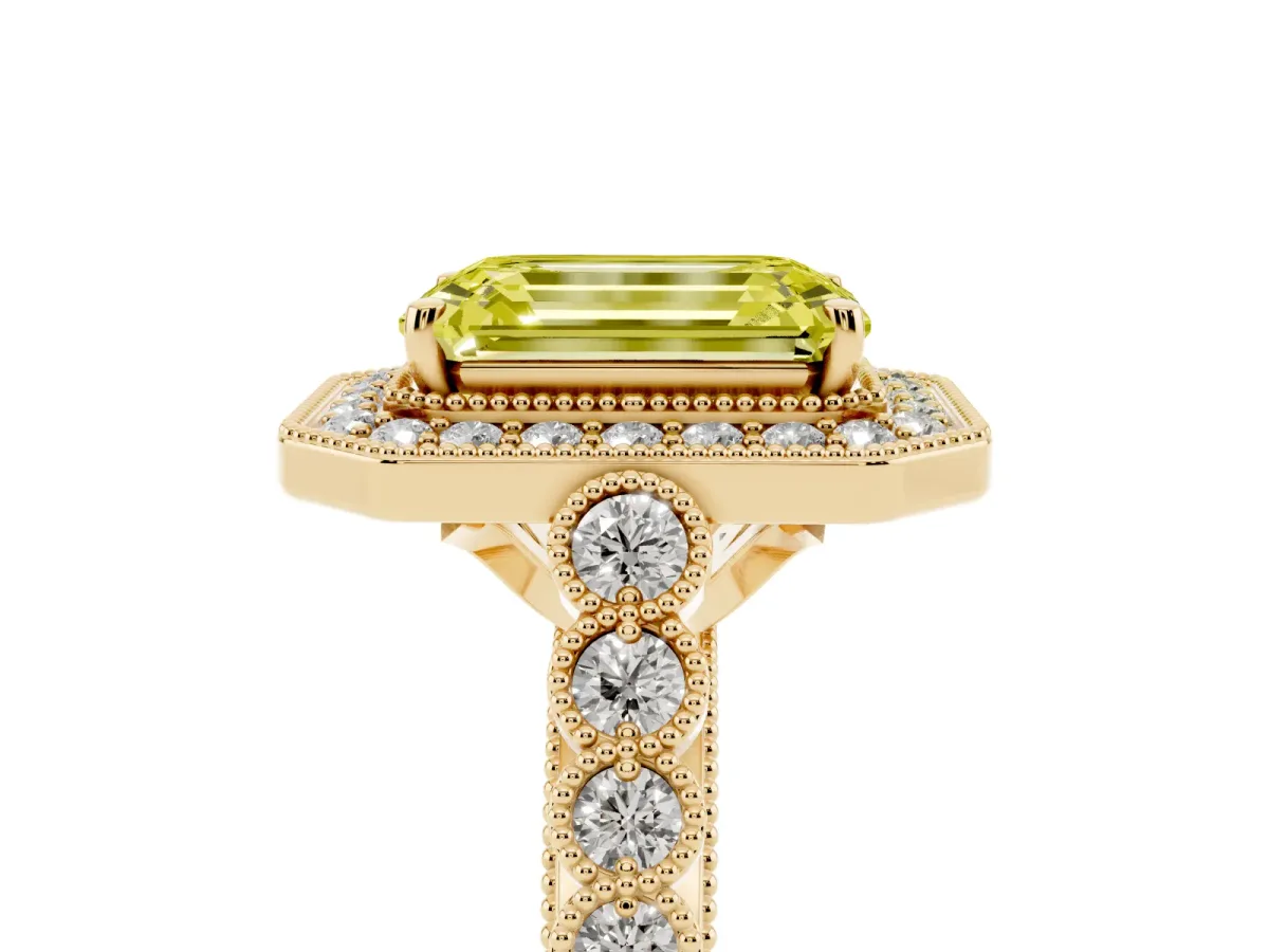 Fancy Yellow Emerald Cut Halo Milgrain Solitaire with Bezel Set Side Stones and Pave Band Yellow gold