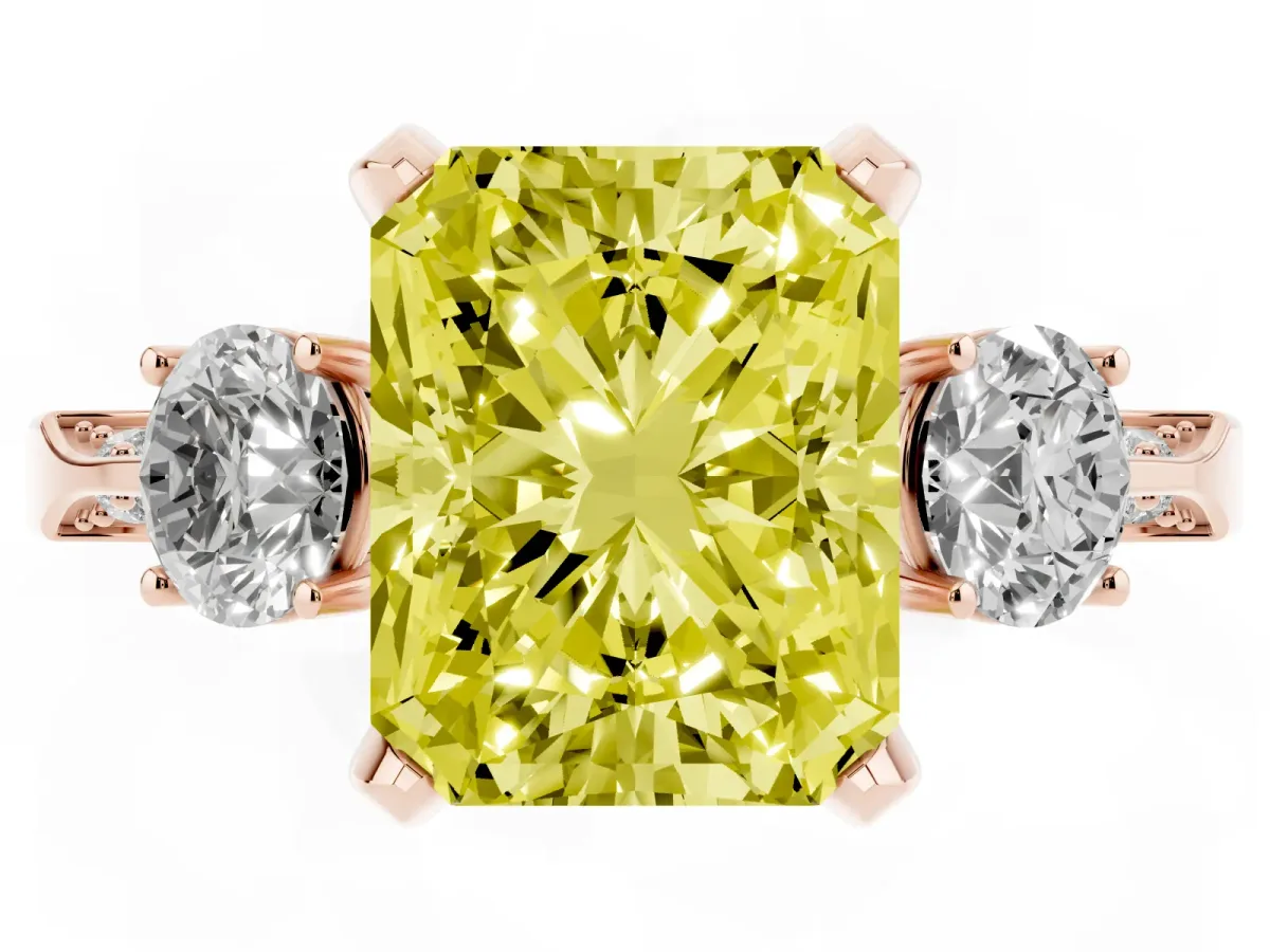 Fancy Yellow Radiant Cut Brilliant Three-Stone Diamond Ring with Pavé Band and Four-Prong Setting Rose gold