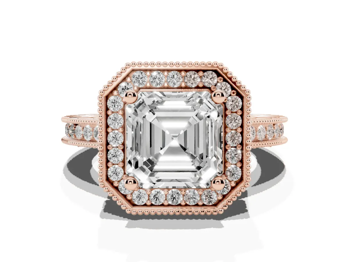 Asscher Cut Diamond Milgrain Halo Engagement Ring with Round Pavé Band and Prong Setting Rose gold