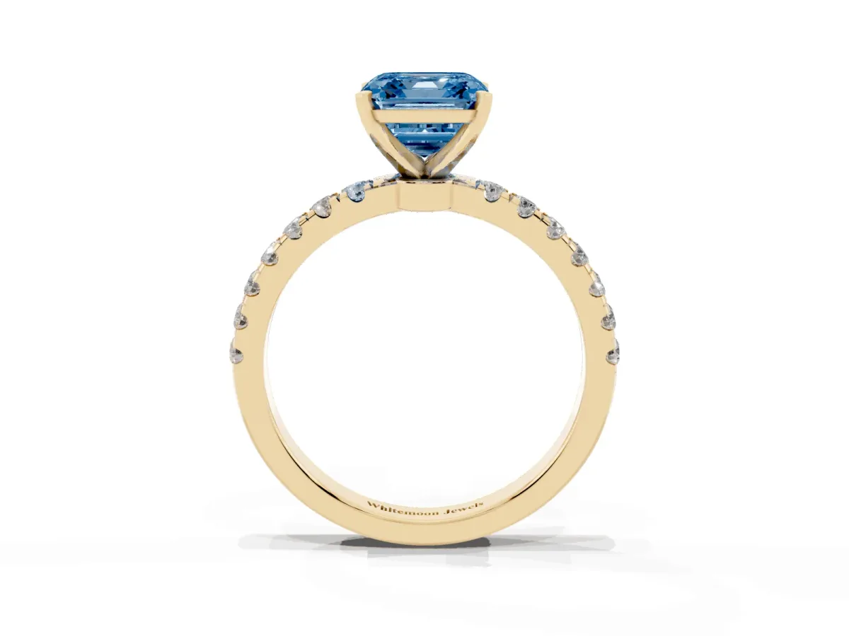 Fancy Blue Asscher Cut Diamond Solitaire Ring with Pavé Accents and Four-Prong Setting Yellow gold