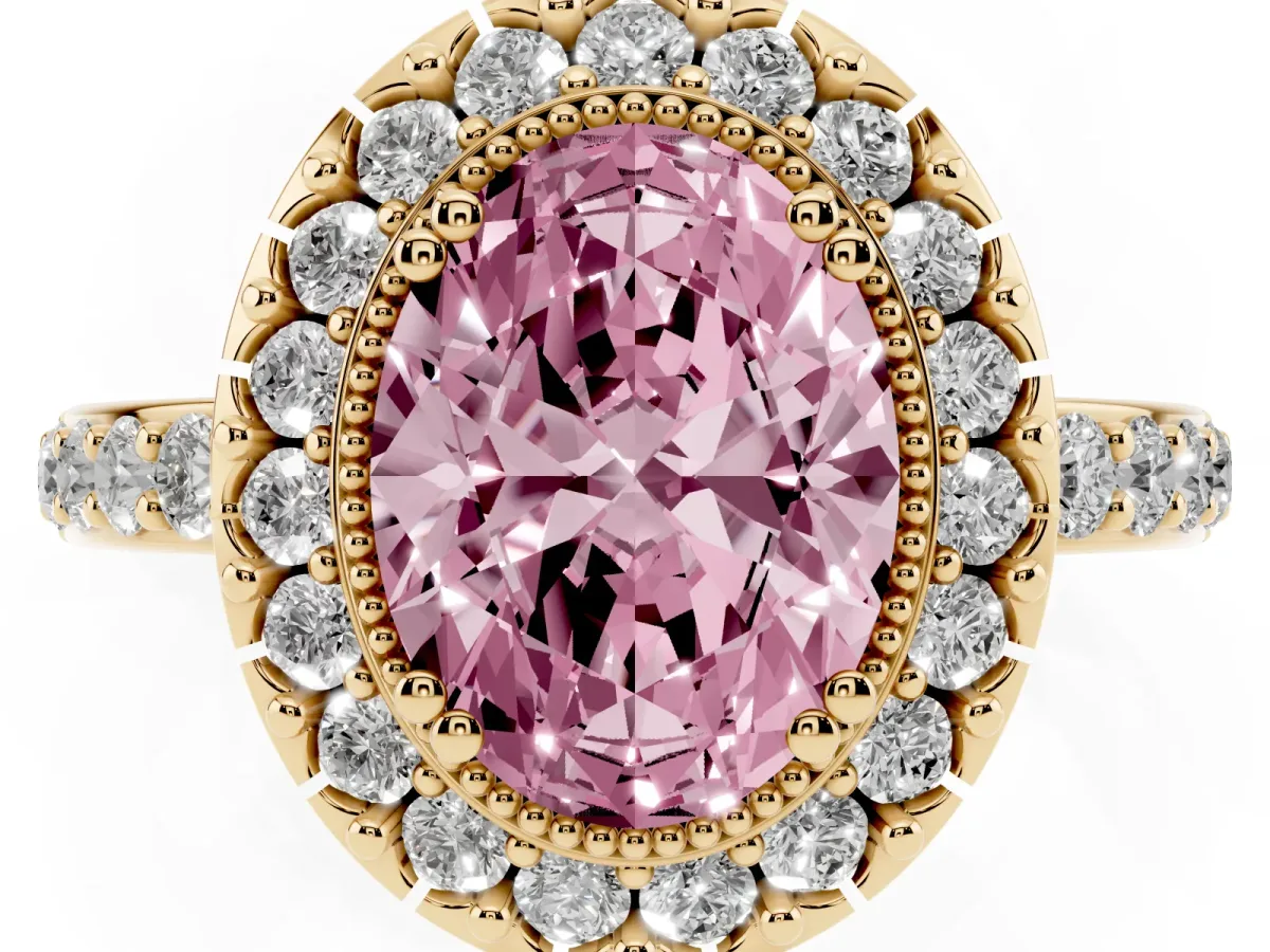 Fancy Pink Oval Cut Diamond Halo Ring with Pavé Band and Prong Setting Yellow gold