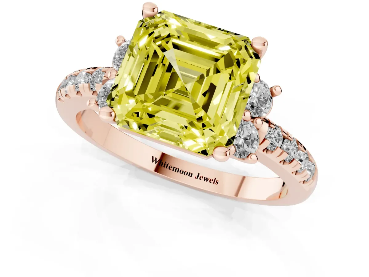 Fancy Yellow Asscher Cut Diamond Three-Stone Pave Band with Four-Prong Setting Rose gold