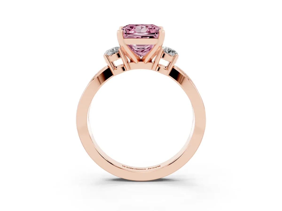 Fancy Pink Three-Stone Princess Cut Cut Diamond Twist Band with Prong Setting Rose gold