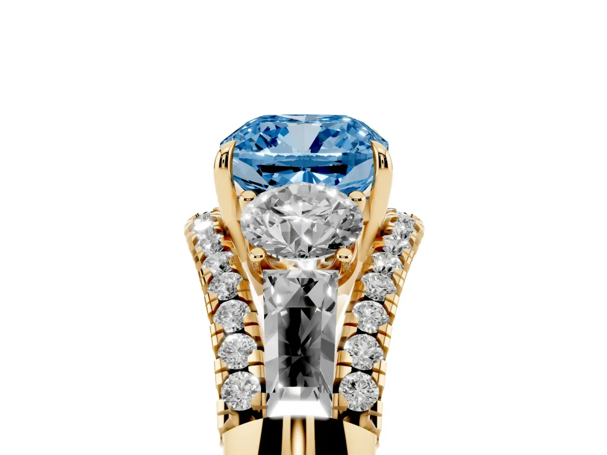 Fancy Blue Three-Stone Cushion Cut Diamond Engagement Ring with Pave Band and Prong Setting Yellow gold