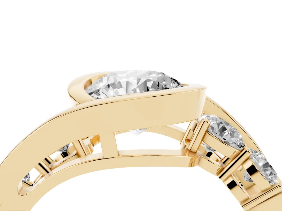 Bezel Set Round Cut Diamond Bypass Ring with Round Accents Yellow gold