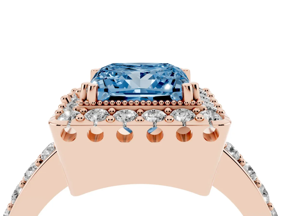 Fancy Blue Princess Cut Diamond Halo Ring with Pavé Band and Prong Setting Rose gold