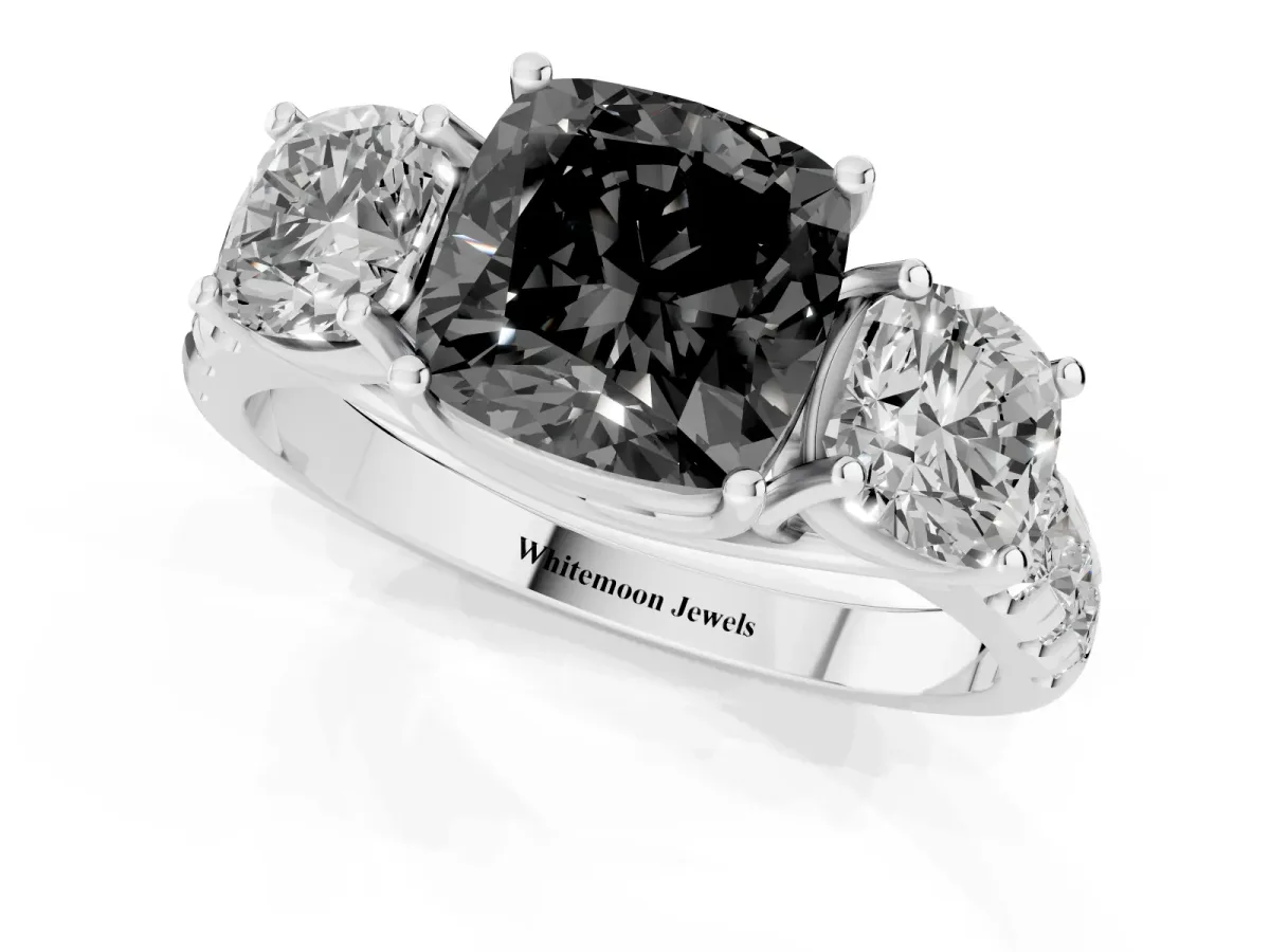 Fancy Black Three-Stone Cushion Cut Diamond Pavé Band with Prong Setting Platinum
