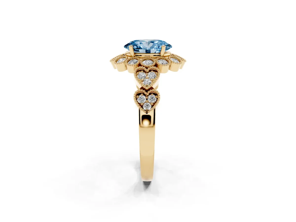 Fancy Blue Oval Cut Brilliant Milgrain Pave Heart Band Solitaire Ring Yellow gold