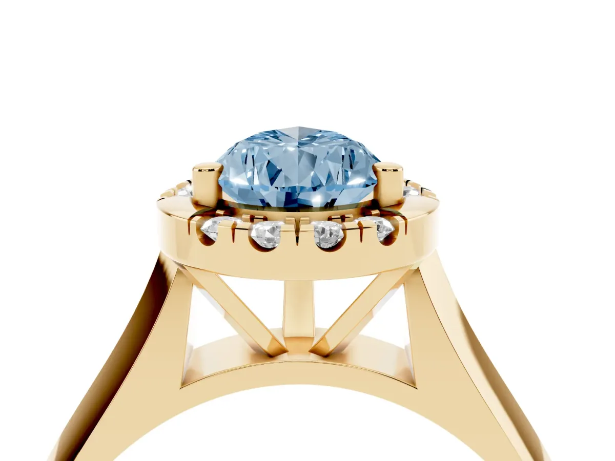 Fancy Blue Pear Cut Cut Halo Solitaire Engagement Ring with Square Band and Four-Prong Setting Yellow gold