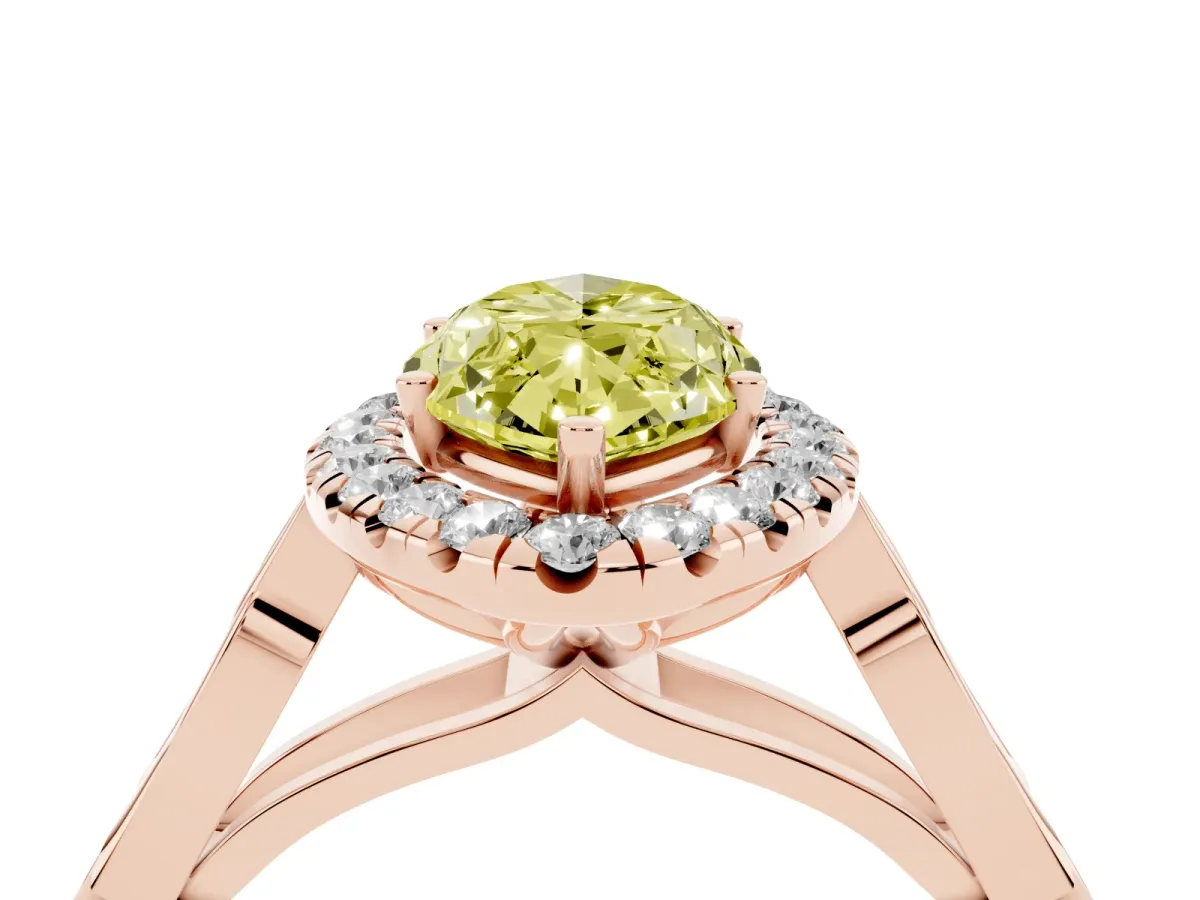 Fancy Yellow Marquise Cut Halo Diamond Engagement Ring with Filigree Band and Four-Prong Setting Rose gold