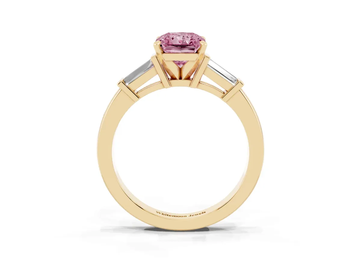 Fancy Pink Radiant Cut Cut Diamond Solitaire Ring with Tapered Baguette Accents and Four-Prong Setting Yellow gold