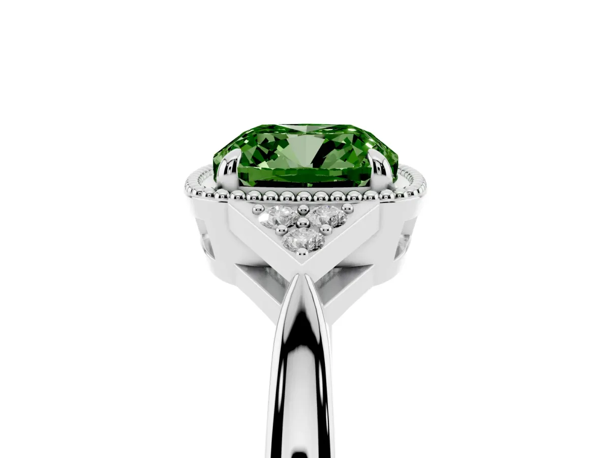 Fancy Green Cushion Cut Diamond Halo Ring with Tapered Band and Four-Prong Setting White gold