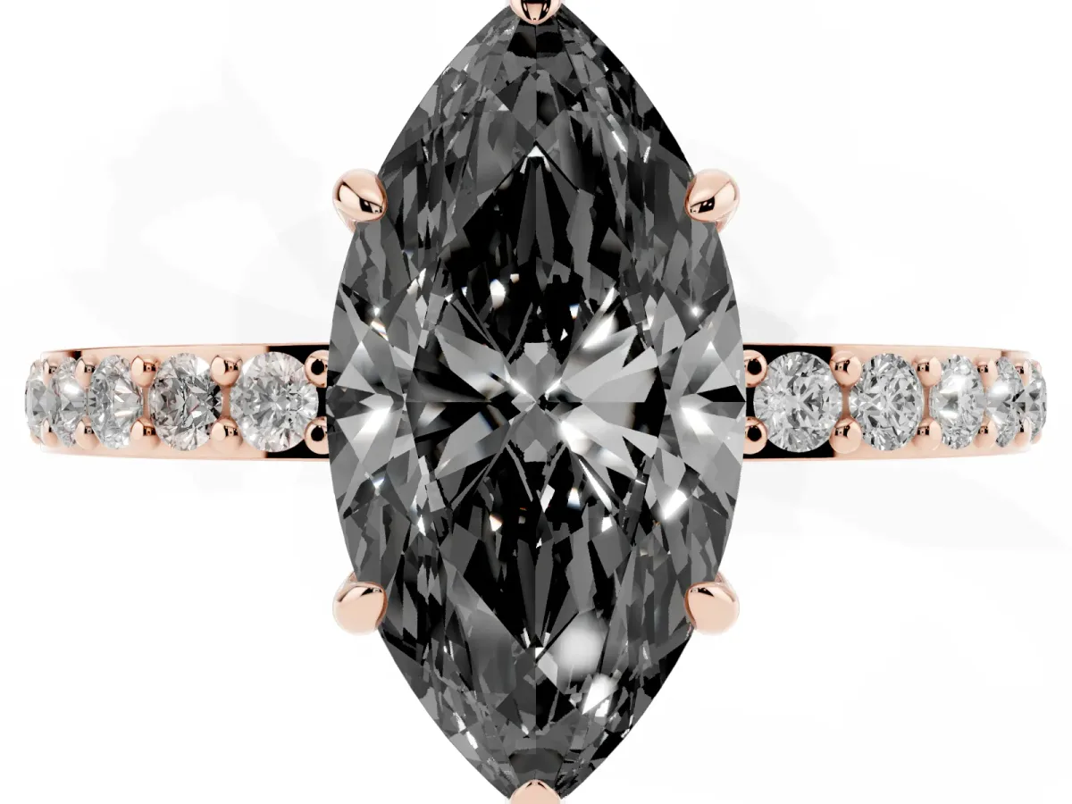 Fancy Black Marquise Cut Diamond Pavé Engagement Ring with Round Accents and Prong Setting Rose gold