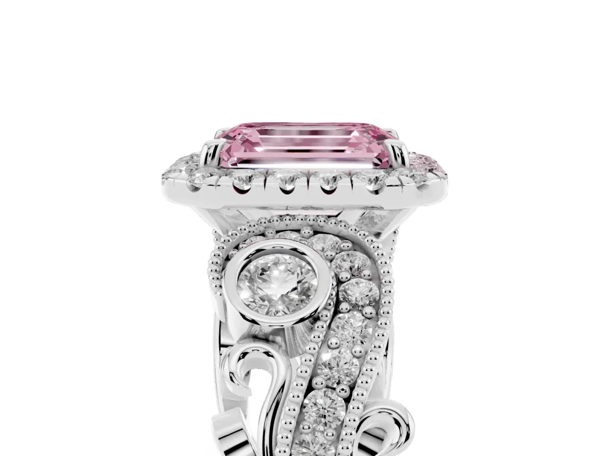 Fancy Pink Emerald Cut Diamond Halo Ring with Milgrain Pavé Band and Four-Prong Setting Platinum