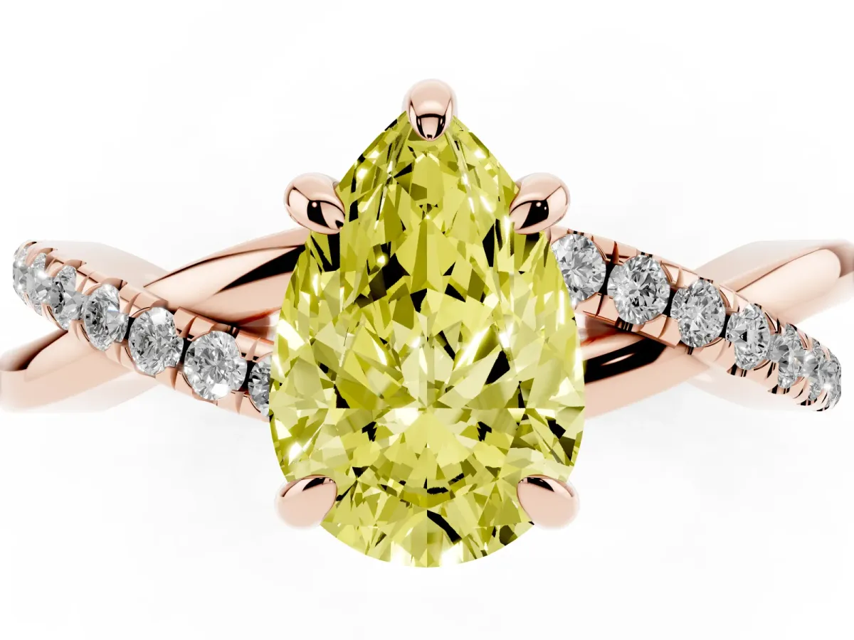 Fancy Yellow Pear Cut Cut Diamond Twist Band Solitaire with Prong Setting Rose gold