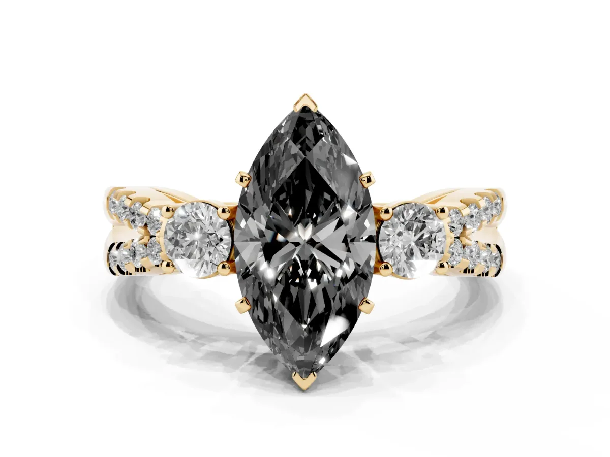 Fancy Black Marquise Cut Diamond Three-Stone Ring with Pavé Split Shank and Four-Prong Setting Yellow gold