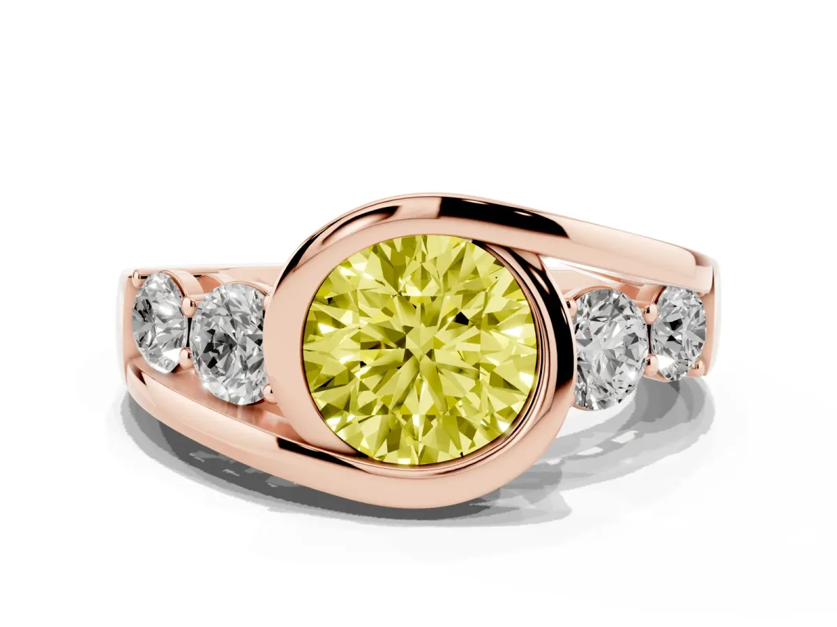 Fancy Yellow Bezel Set Round Cut Diamond Bypass Ring with Round Accents Rose gold