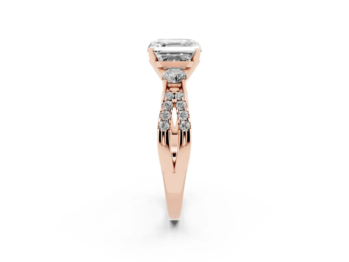 Asscher Cut Diamond Three-Stone Ring with Pavé Split Shank and Four-Prong Setting Rose gold