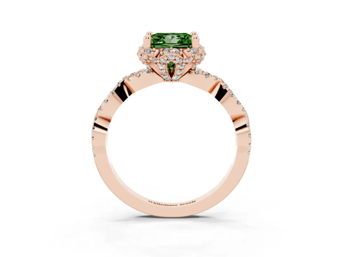 Fancy Green Princess Cut Halo Twist Band Solitaire Ring with Six-Prong Setting Rose gold