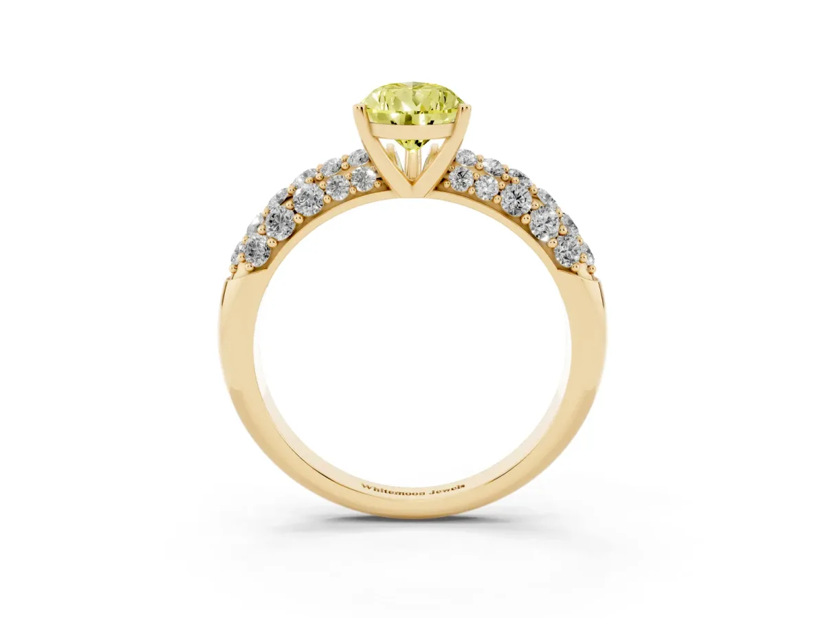 Fancy Yellow Pear Cut Diamond Pavé Band Solitaire Ring with Four-Prong Setting Yellow gold