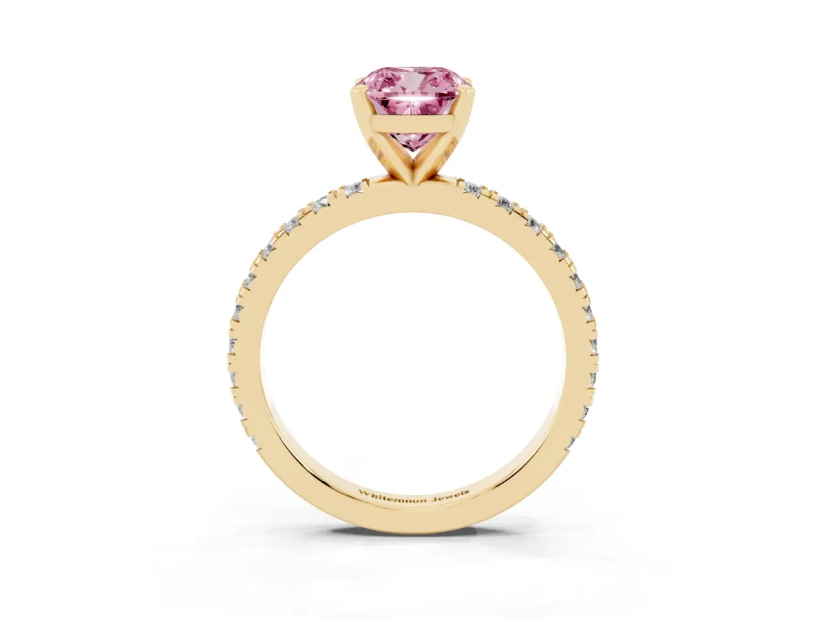 Fancy Pink Cushion Cut Diamond Pavé Band Solitaire with Four-Prong Setting Yellow gold