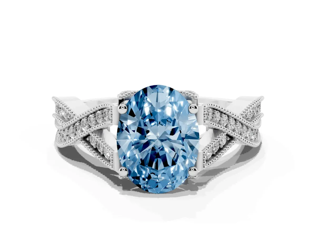 Fancy Blue Oval Cut Cut Diamond Twisted Band with Milgrain Pave Setting and Four-Prong Setting Silver
