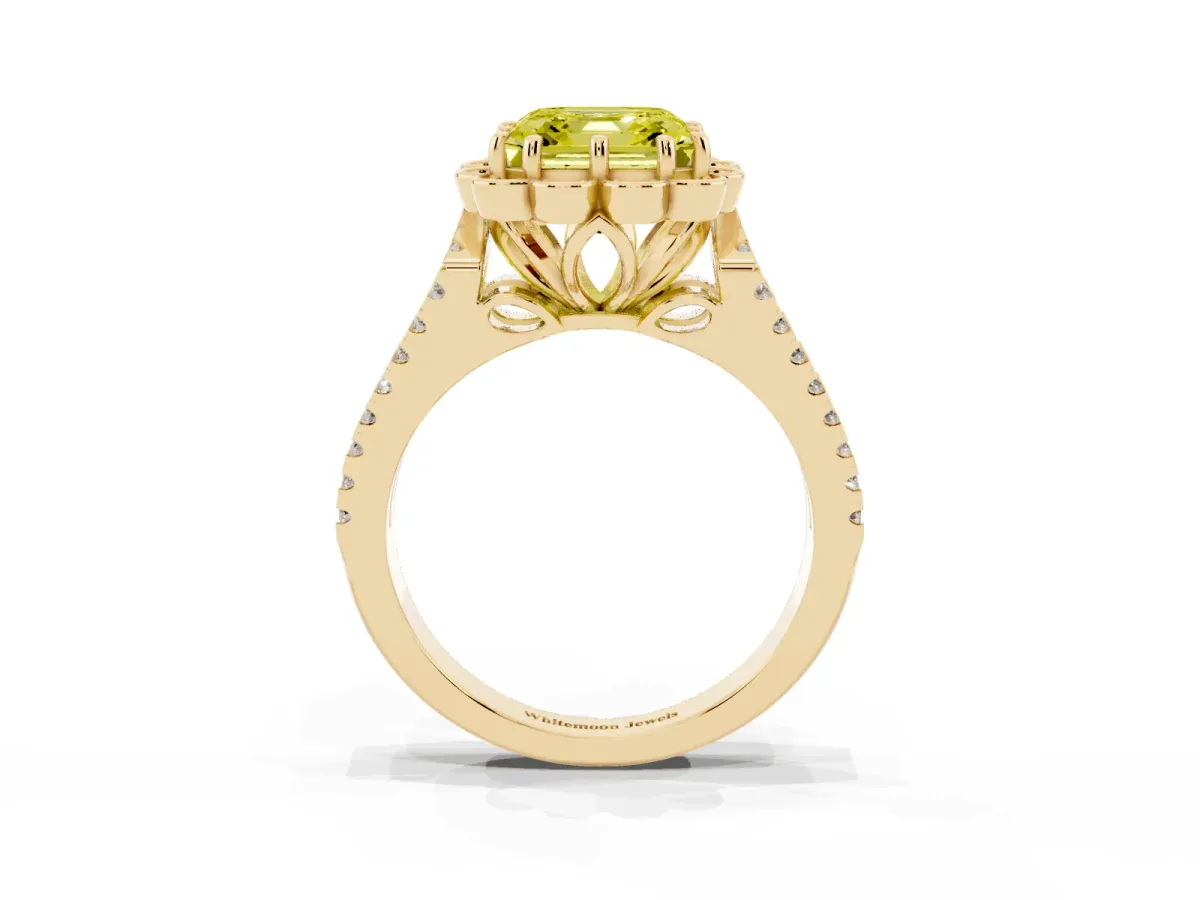 Fancy Yellow Asscher Cut Halo Diamond Floral Split Shank Engagement Ring Yellow gold