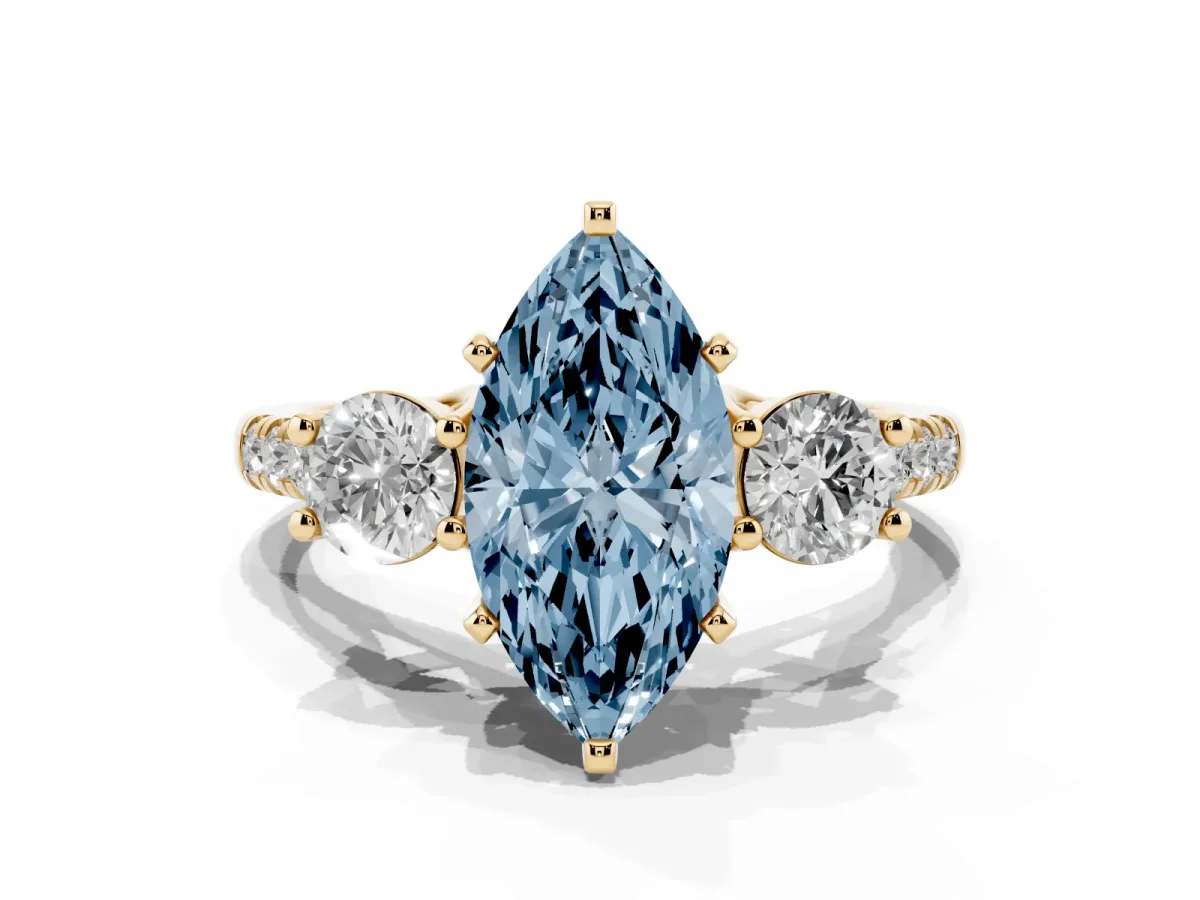 Fancy Blue Three-Stone Marquise Cut Diamond Pavé Band with Four-Prong Setting Yellow gold