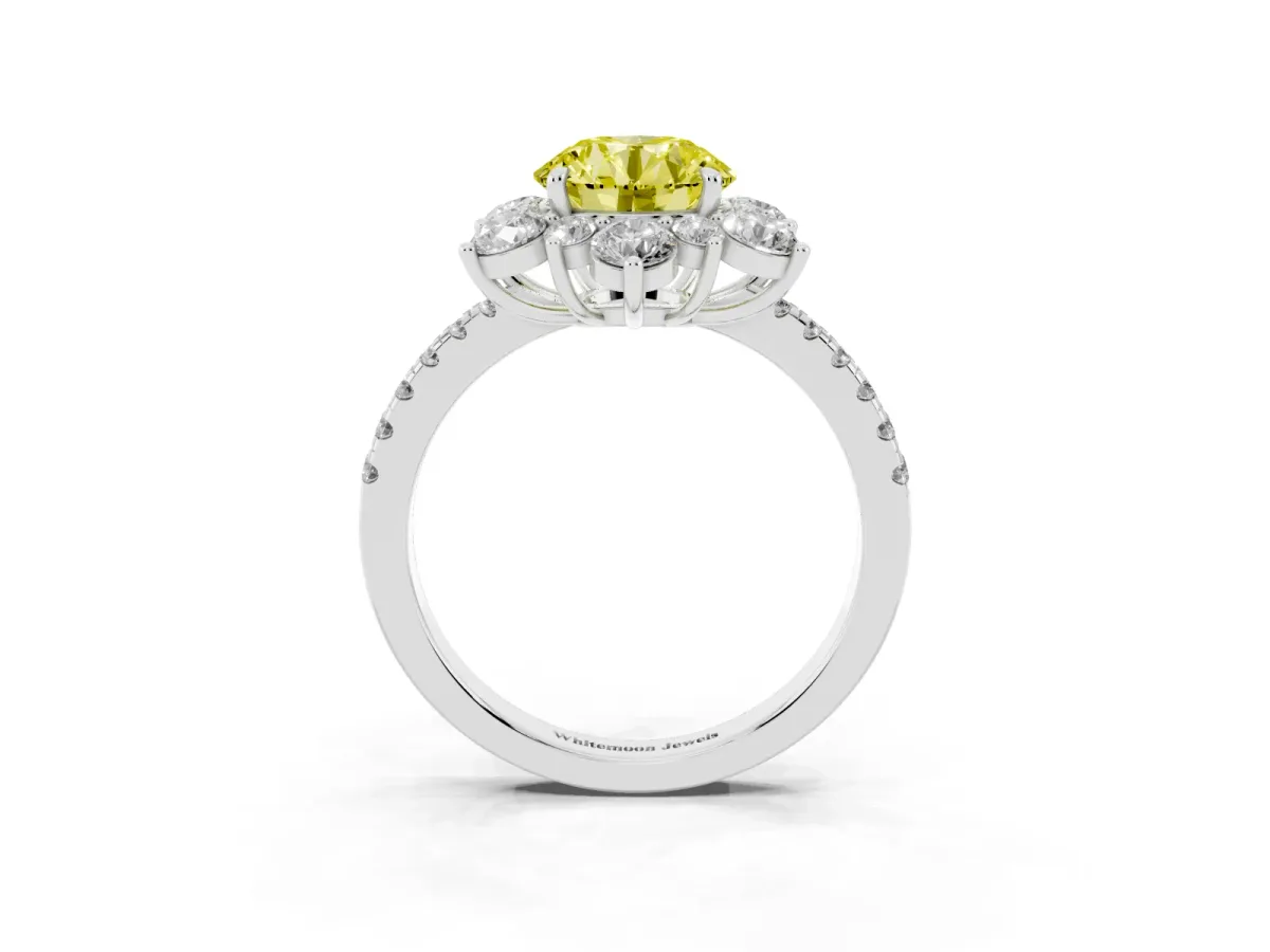Fancy Yellow Round Cut Diamond Floral Halo Ring with Round Pavé Band and Prong Setting Silver