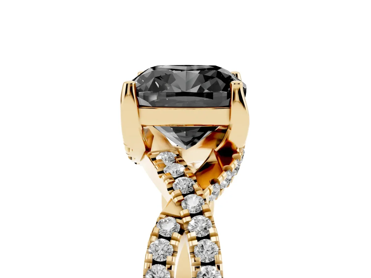 Fancy Black Cushion Cut Solitaire Twist Pave Diamond Engagement Ring with Prong Setting Yellow gold