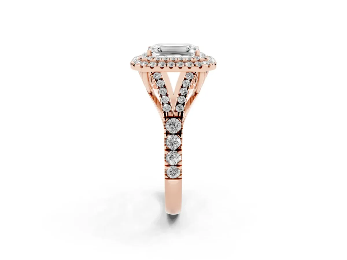 Emerald Cut Diamond Pavé Split Shank Double Halo Engagement Ring Rose gold