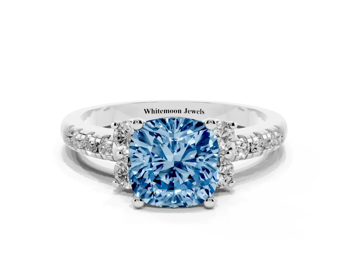 Fancy Blue Cushion Cut Diamond Three-Stone Pave Band with Four-Prong Setting White gold
