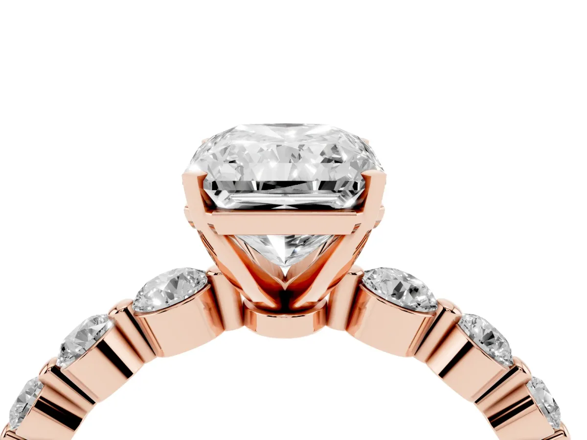 Radiant Cut Solitaire Diamond Ring with Pave Band and Four-Prong Setting Rose gold